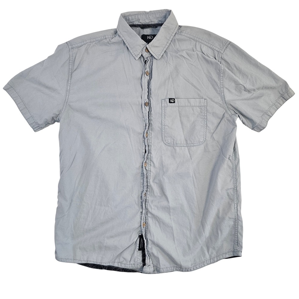 TenTree Mens Short Sleeve Button Down Shirt‎ Grey Blue Size M Pocket Organic